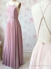 A-Line Simple Pink Chiffon Halter Crosed Straps Prom Dress